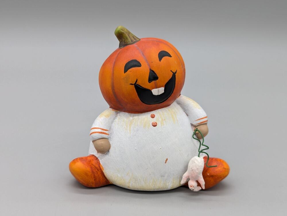Vintage Hand Painted Smiling Pumpkin Kid Ceramic 4" Halloween Decor Figure